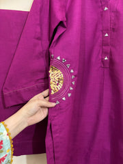 2 Pc - Stitched Khaddar Hand Embroidered Dress With Plazo