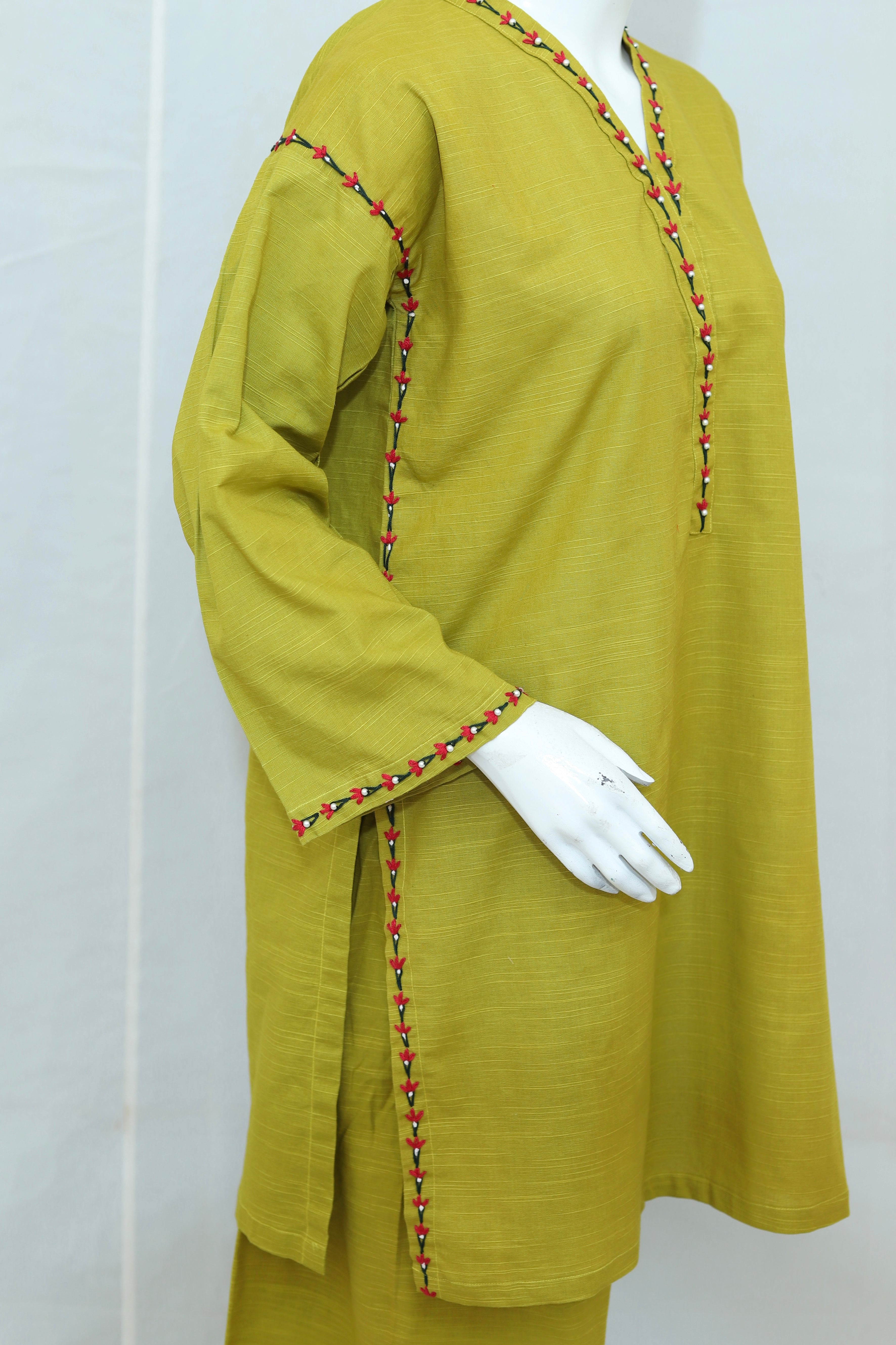 2 Piece - Stitched Khaddar Hand Embroidered Dress With Trouser