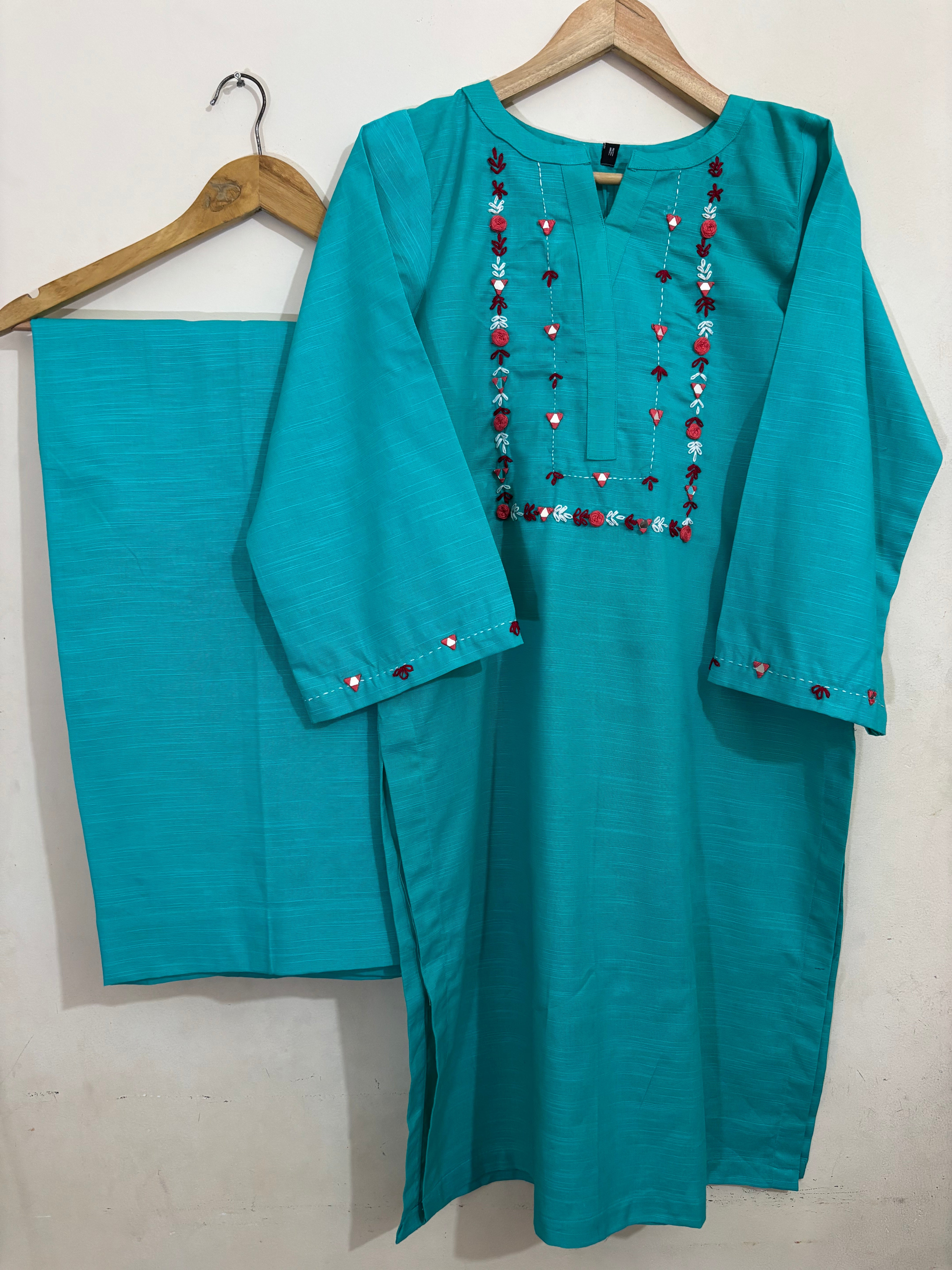 2 Pc - Stitched Khaddar Hand Embroidered Dress With Plazo