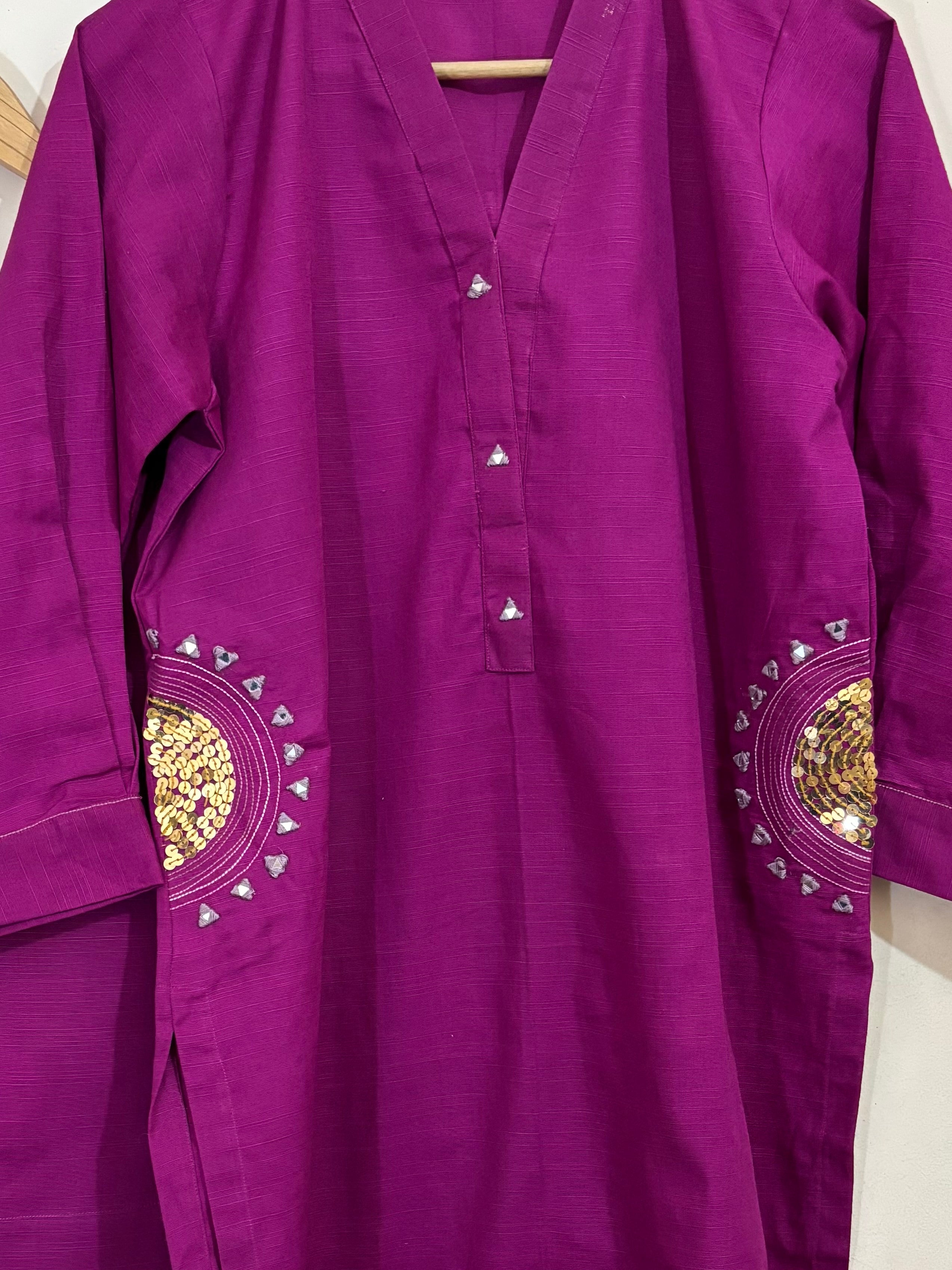 2 Pc - Stitched Khaddar Hand Embroidered Dress With Plazo