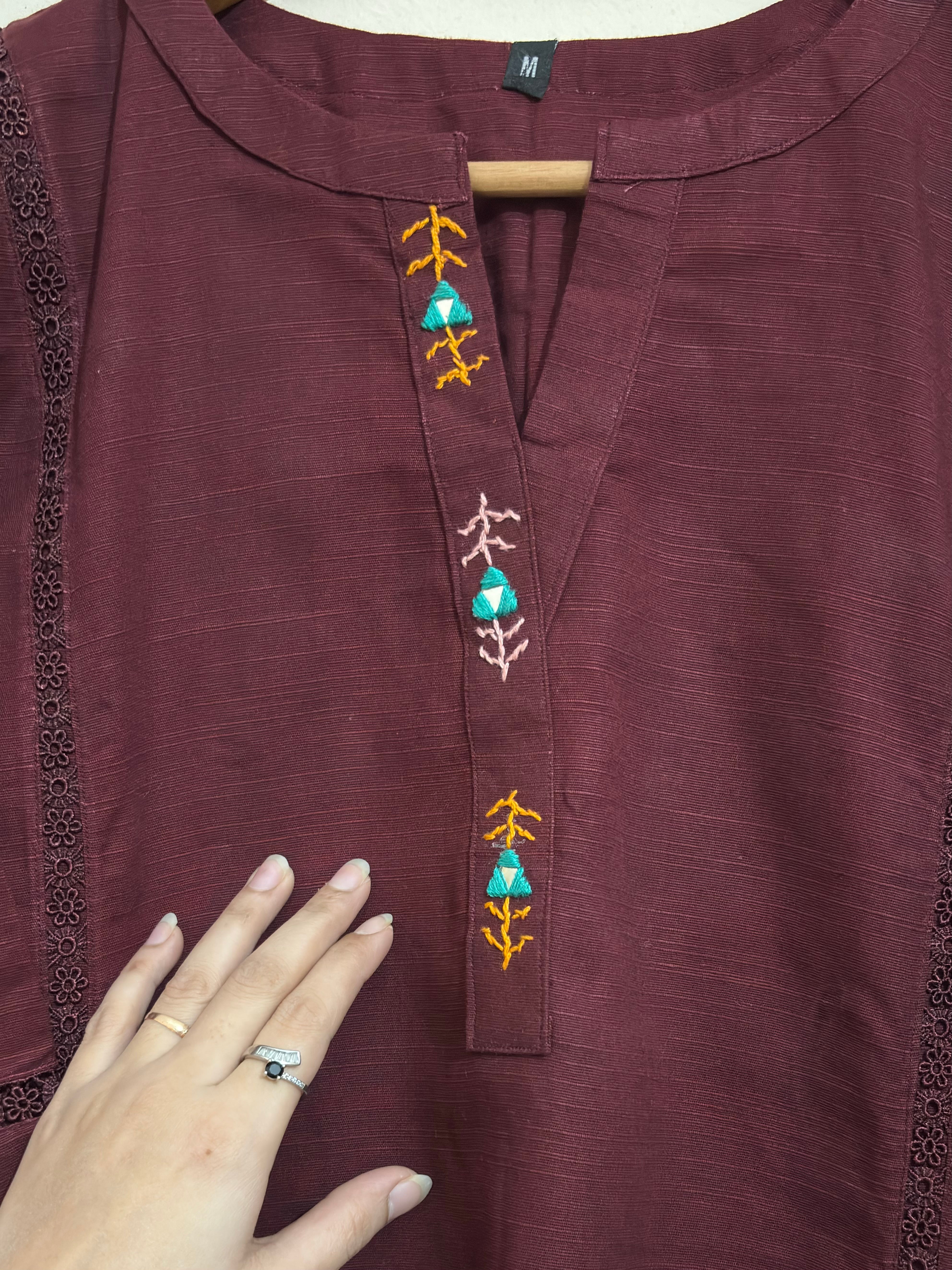 2 Pc - Stitched Khaddar Hand Embroidered Dress With Plazo