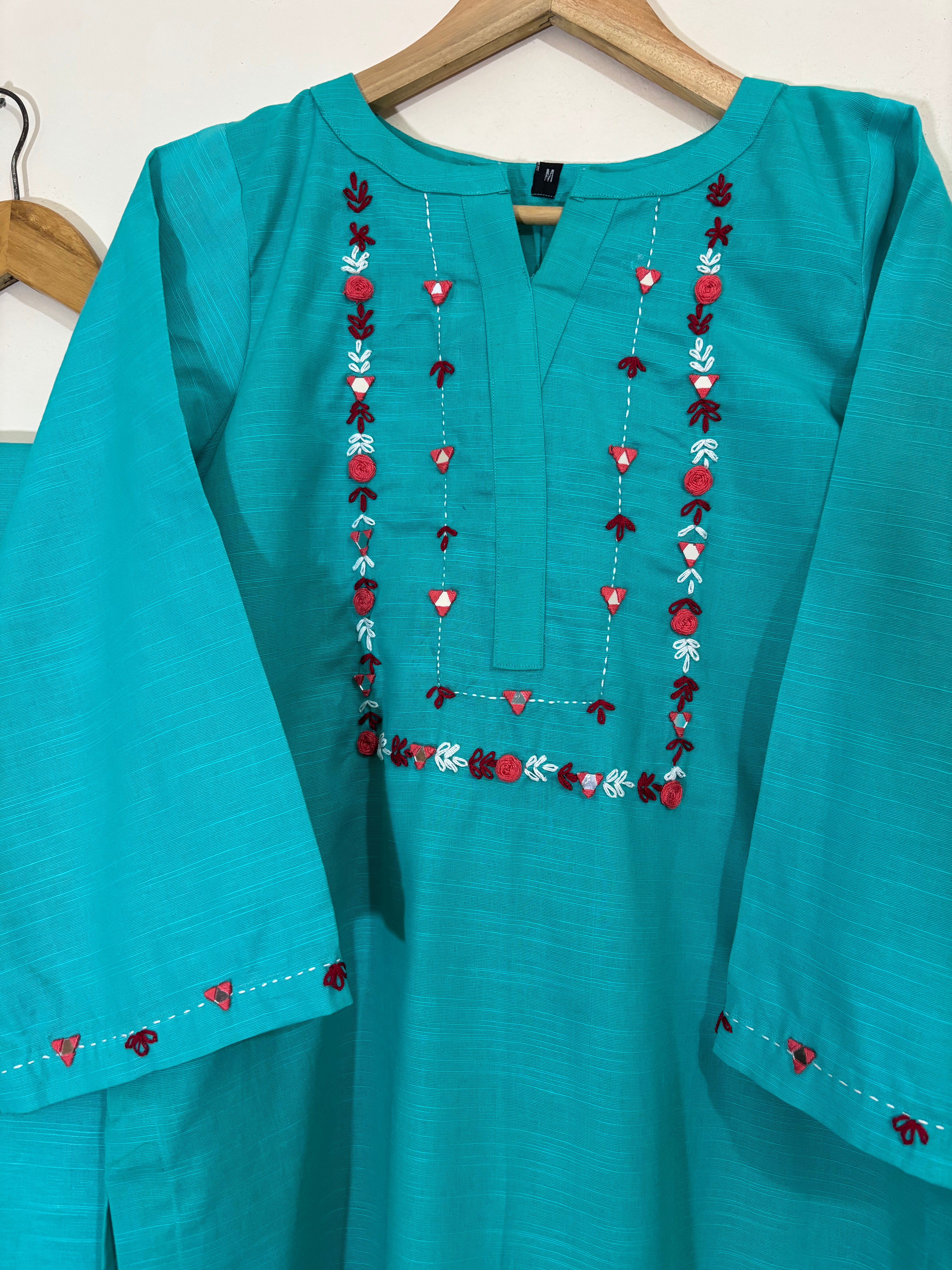 2 Pc - Stitched Khaddar Hand Embroidered Dress With Plazo
