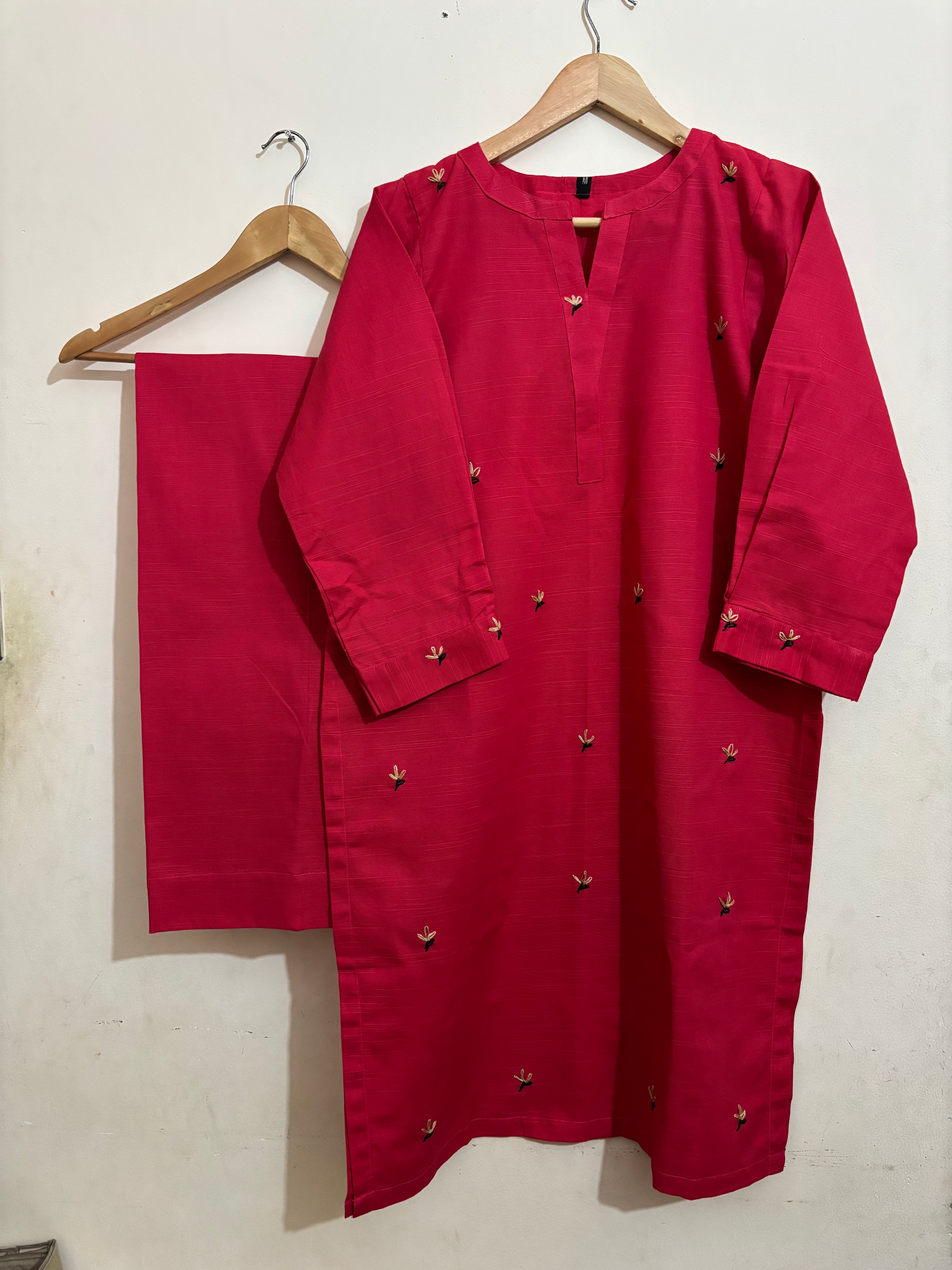 2 Pc - Stitched Khaddar Hand Embroidered Dress With Plazo