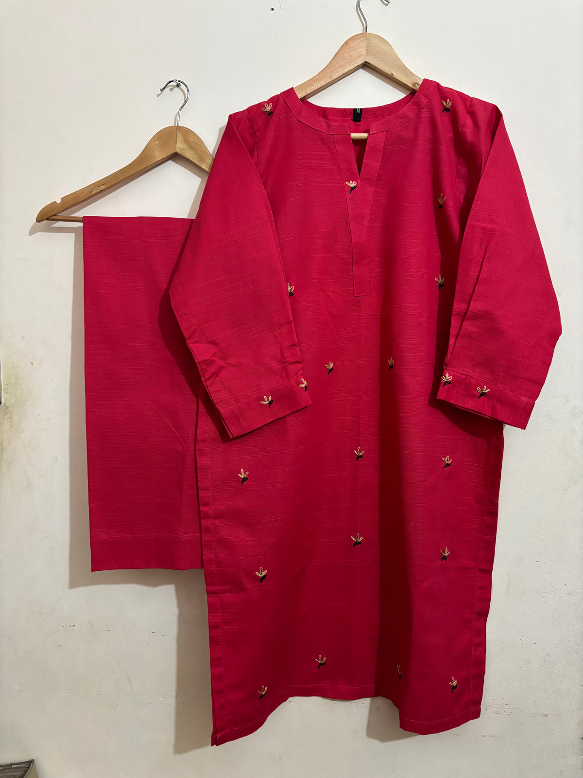 2 Pc - Stitched Khaddar Hand Embroidered Dress With Plazo