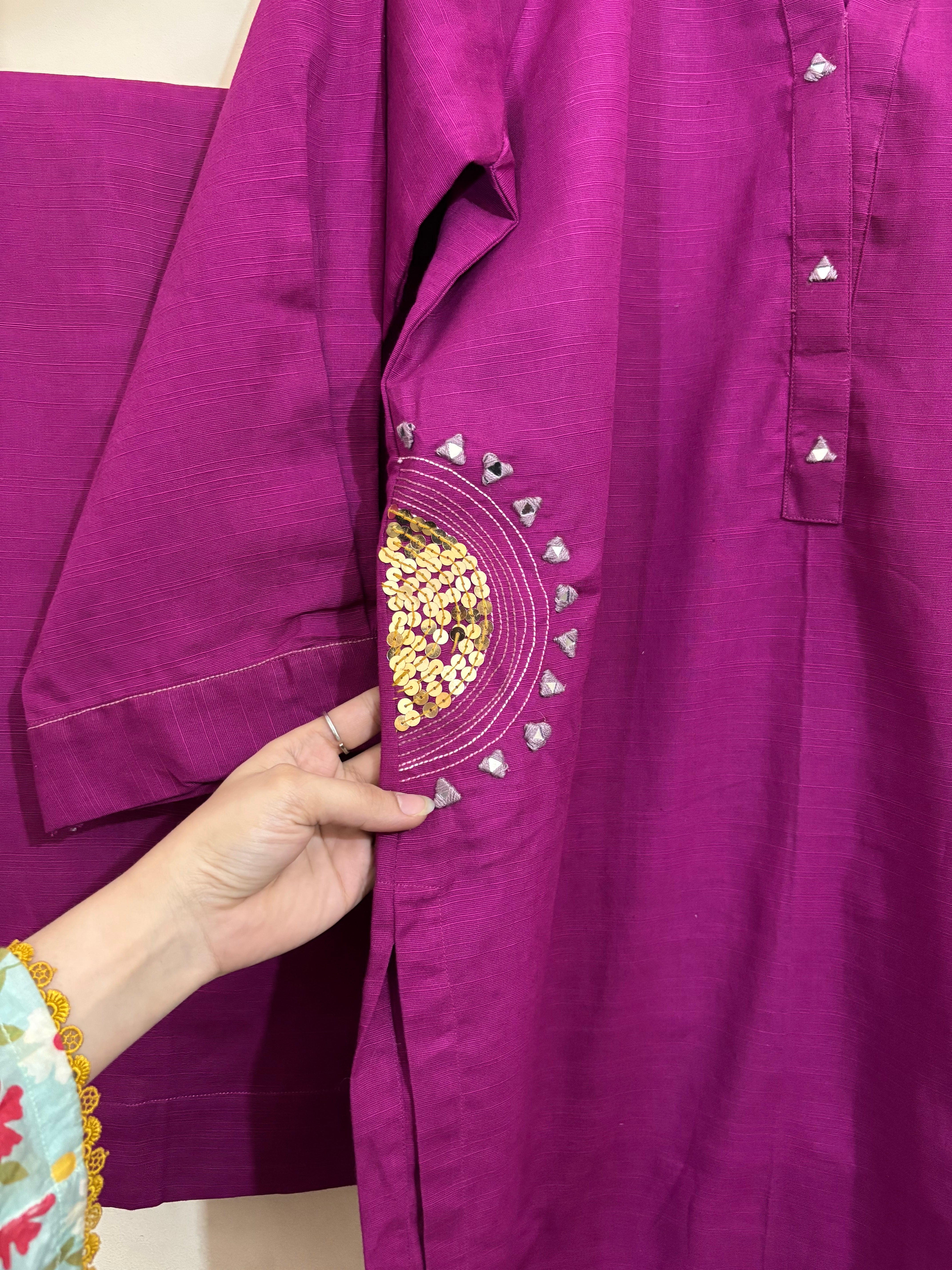 2 Pc - Stitched Khaddar Hand Embroidered Dress With Plazo