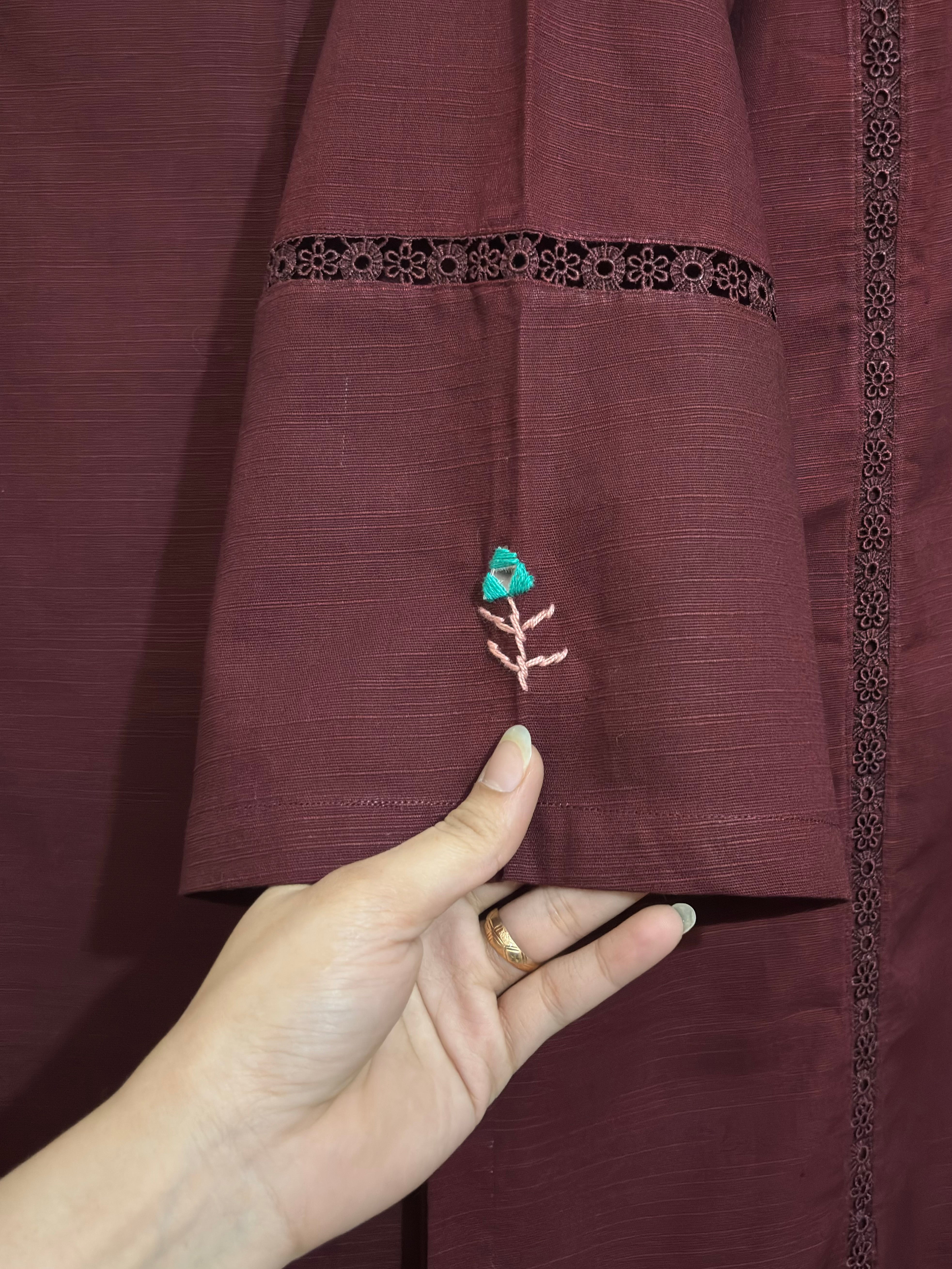 2 Pc - Stitched Khaddar Hand Embroidered Dress With Plazo