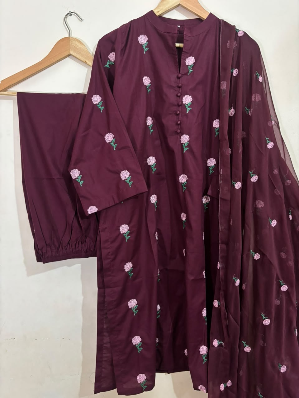 3pc Mehroon Embroidered