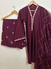 3pc Mehroon Embroidered